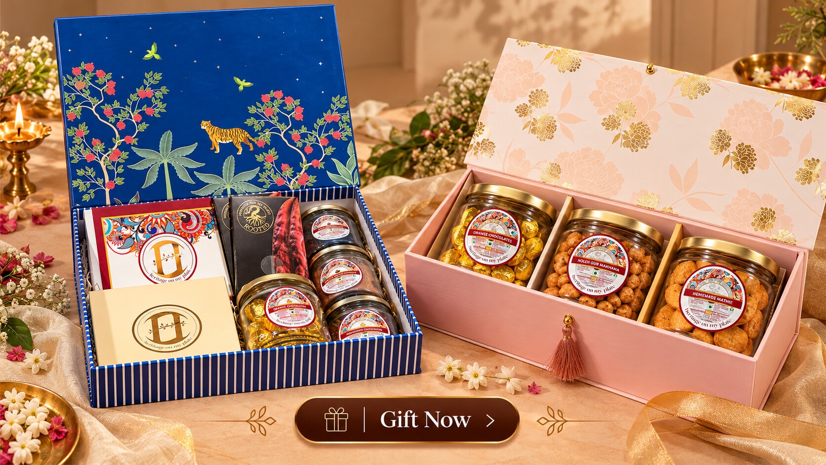 Two Heritage On My Plate gift hampers: a blue tiger-print box with a ROOTED bar, chocolate boxes and jars, and a pink floral box with jars of orange chocolates, nolen gur makhana and homemade mathri. Gift now.