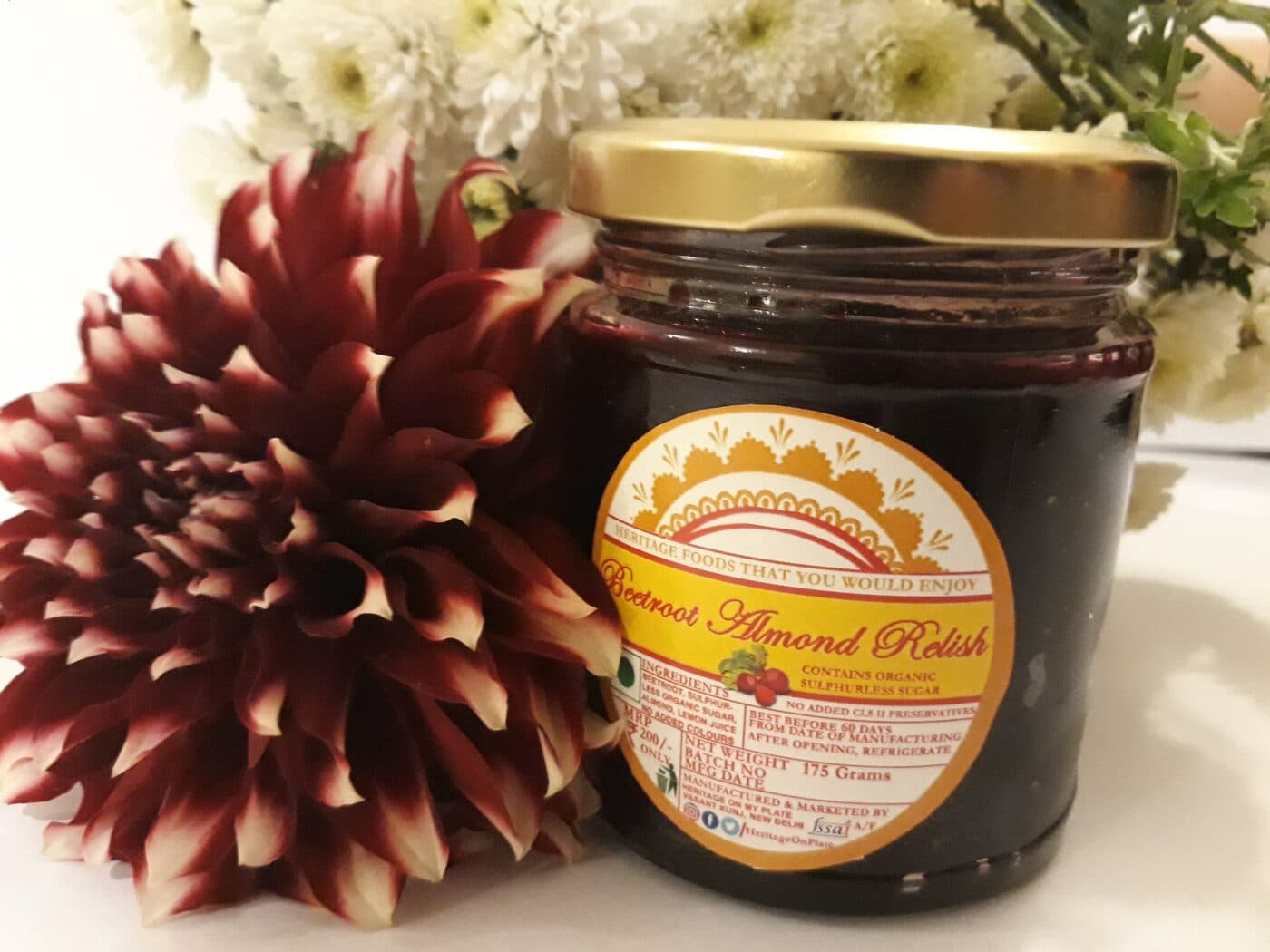A jar of our Beetroot Almond Relish with its first label