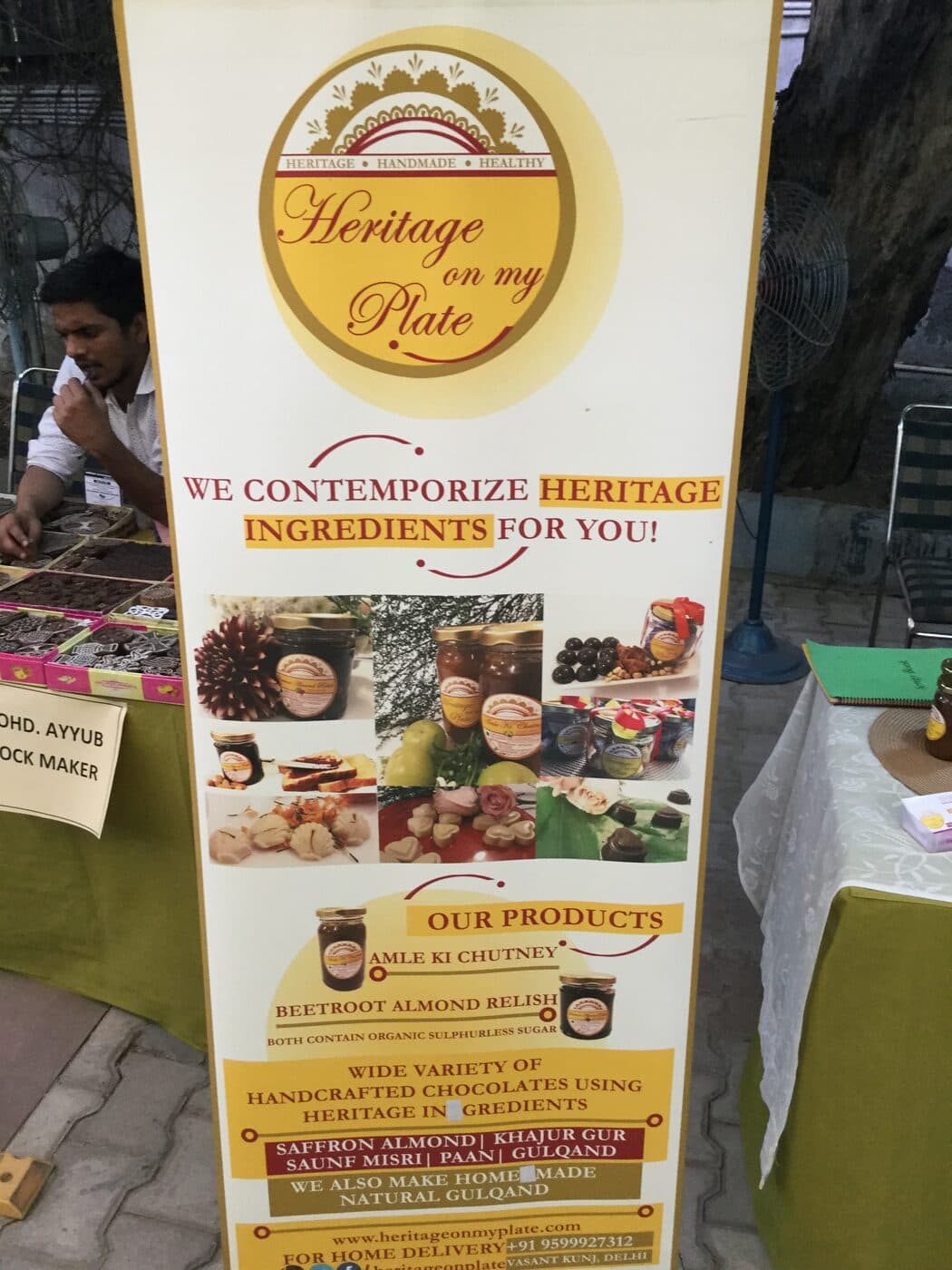 Our first Heritage On My Plate standee, listing Amle ki Chutney, relishes and heritage chocolates