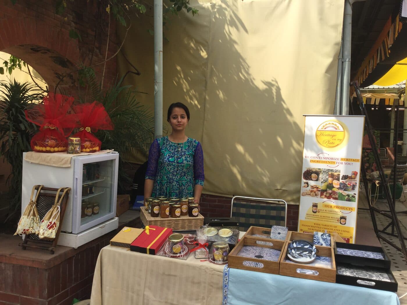 Our outdoor summer stall in Delhi, with jars, gift boxes and our standee